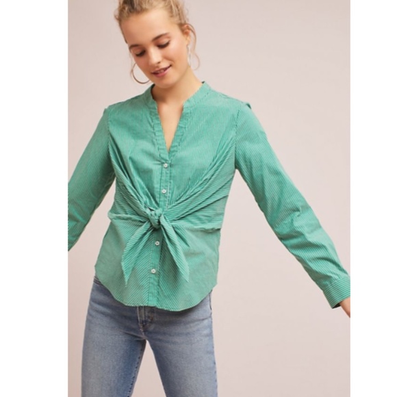 -Maeve Anthropologie Knotted Button Green Stripe 0 - Picture 1 of 7